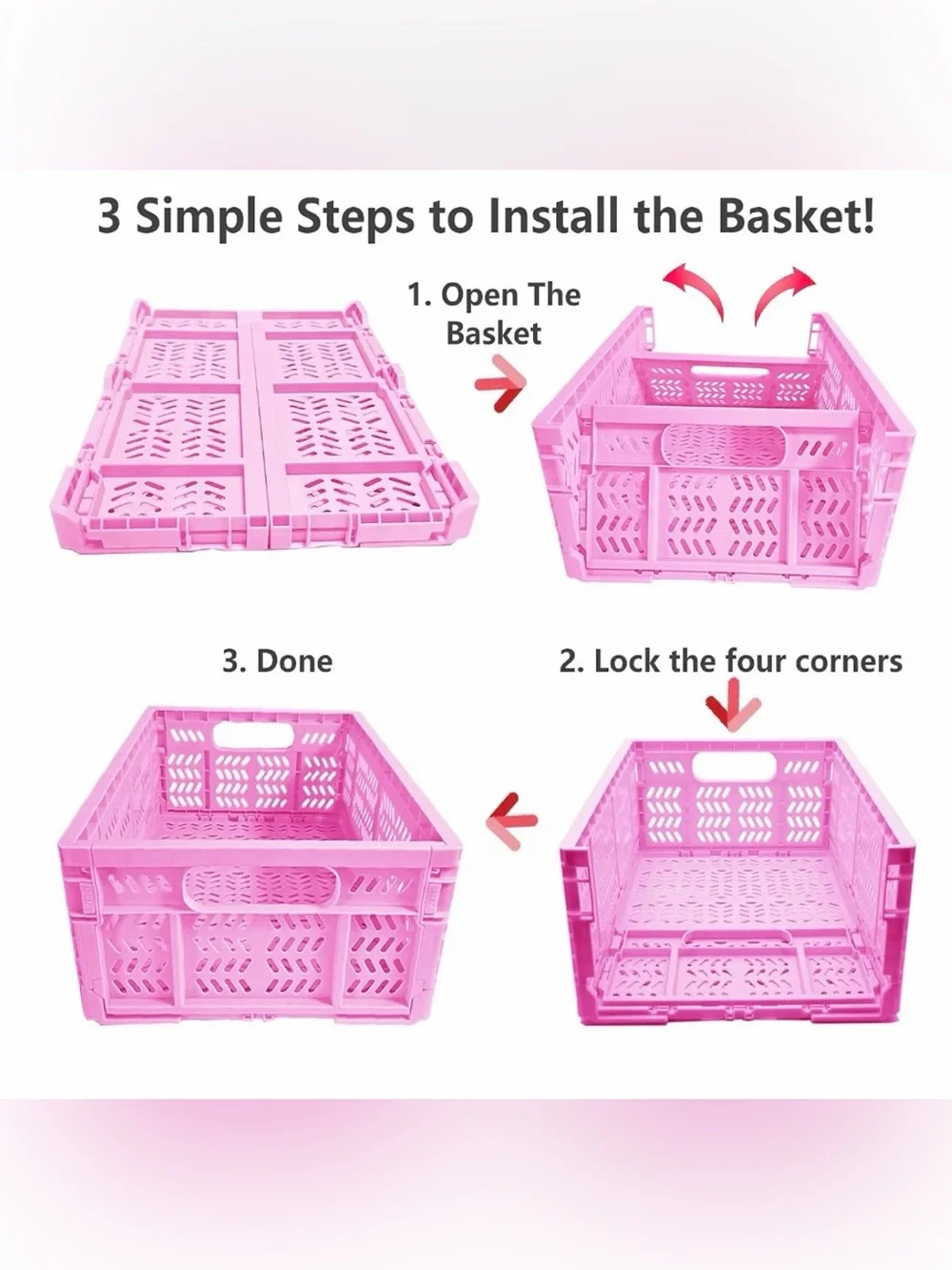 Pink Foldable Plastic Storage Crate - Durable Home Organizer